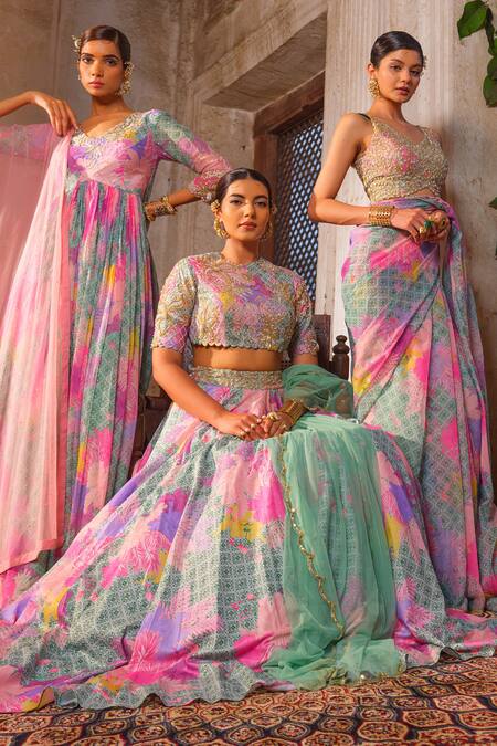 Shop_Anu Pellakuru_Green Chiffon, Crepe, Net Cut Work, Floral Print Embroidered Anarkali Pant Set _Online_at_Aza_Fashions