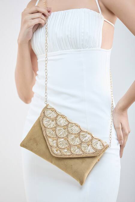 Boxwish By Bhumika_Gold Pearls Scallop Moti Embellished Flap Clutch _at_Aza_Fashions