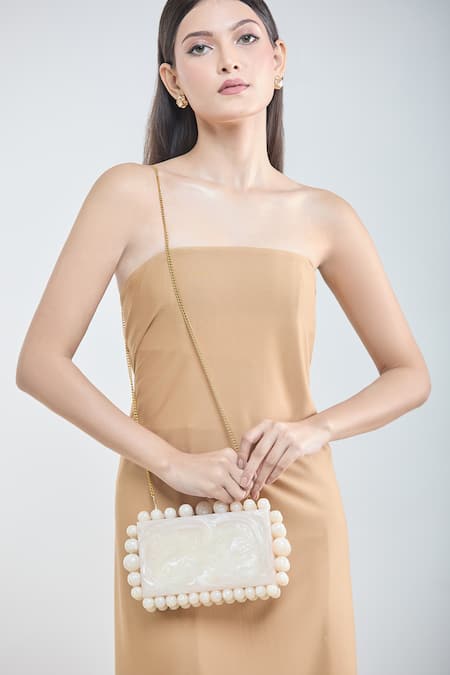 Shop_Boxwish By Bhumika_Ivory Pearls Accent Clutch _at_Aza_Fashions