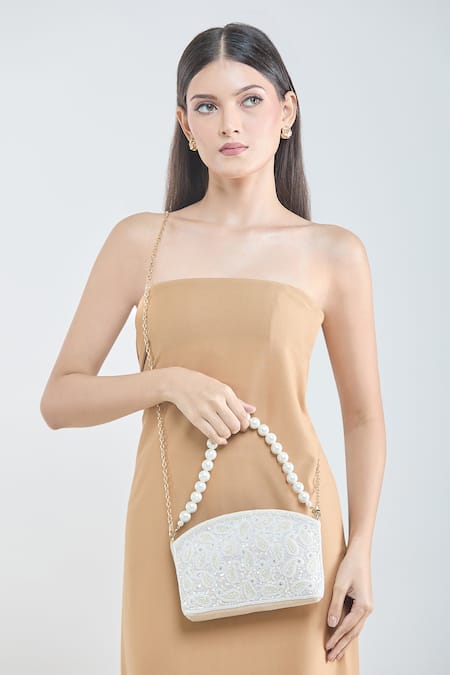 Shop Boxwish By Bhumika White Sequins, Beads Paisley Embroidered Bag at Aza Fashions Shop_Boxwish By Bhumika_White Sequins, Beads Paisley Embroidered Bag _at_Aza_Fashions
