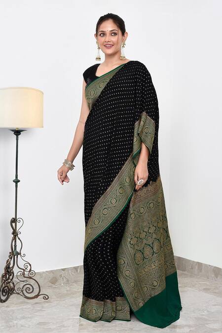 Shop_Naaritva India_Black Crepe Embroidery Hand Woven Banarasi Saree With Running Blouse _Online_at_Aza_Fashions