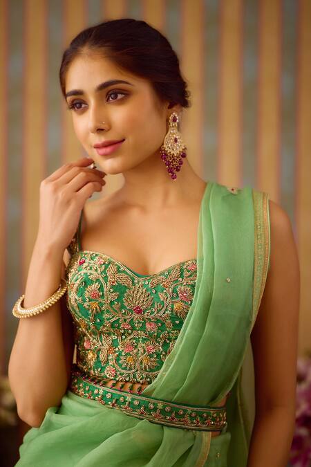 Shyam Narayan Prasad_Green Organza, Brocade Embroidery, Zari Zardozi Placement Saree With Blouse _at_Aza_Fashions