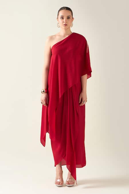 Aakaar_Red Metallic Thread Asymmetric, One Shoulder Sleeve Embellished Draped Dress _Online_at_Aza_Fashions