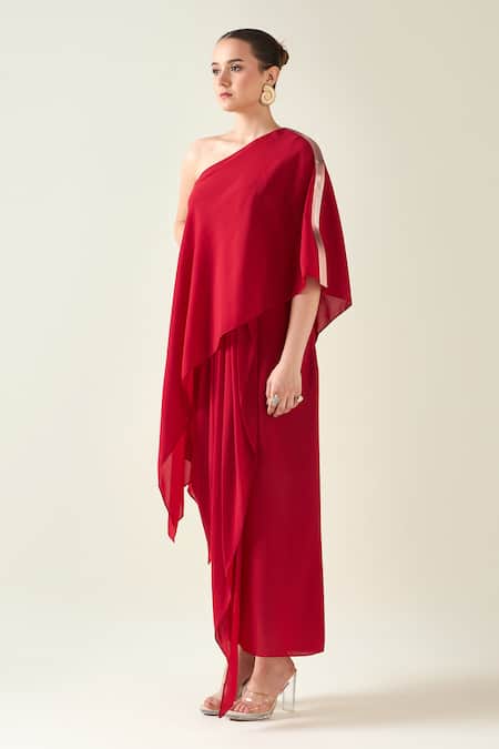 Buy_Aakaar_Red Metallic Thread Asymmetric, One Shoulder Sleeve Embellished Draped Dress _Online_at_Aza_Fashions