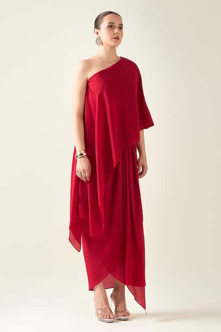 Shop_Aakaar_Red Metallic Thread Asymmetric, One Shoulder Sleeve Embellished Draped Dress _Online_at_Aza_Fashions