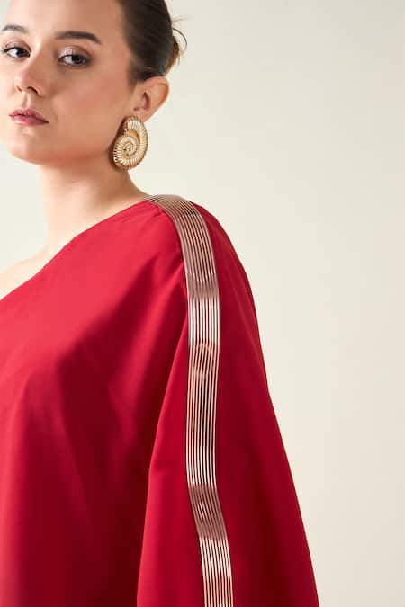 Aakaar_Red Metallic Thread Asymmetric, One Shoulder Sleeve Embellished Draped Dress _at_Aza_Fashions
