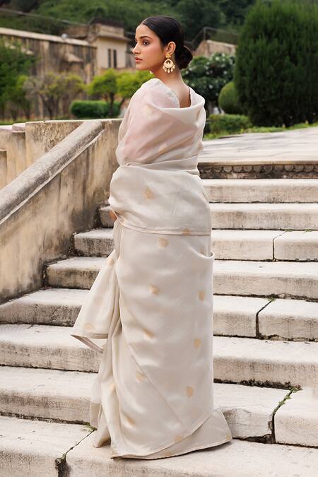 Shop Geroo Jaipur Grey Tissue Zari Woven Saree With Unstitched Blouse Piece at Aza Fashions Shop_Geroo Jaipur_Grey Tissue Zari Woven Saree With Unstitched Blouse Piece_at_Aza_Fashions