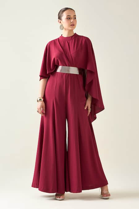 Aakaar Wine Moss Crepe Plain Solid Jumpsuit With Metallic Embellished Belt For Kids