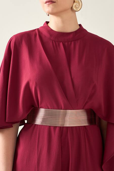Aakaar Wine Crepe Chains Round Neck Solid Jumpsuit With Metallic Embellished Belt Online at Aza Fashions Aakaar_Wine Crepe Chains Round Neck Solid Jumpsuit With Metallic Embellished Belt _Online_at_Aza_Fashions