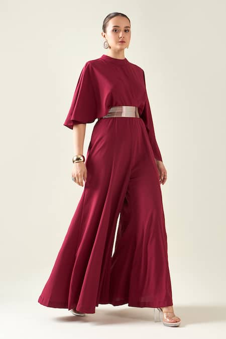 Shop Aakaar Wine Crepe Chains Round Neck Solid Jumpsuit With Metallic Embellished Belt Online at Aza Fashions Shop_Aakaar_Wine Crepe Chains Round Neck Solid Jumpsuit With Metallic Embellished Belt _Online_at_Aza_Fashions