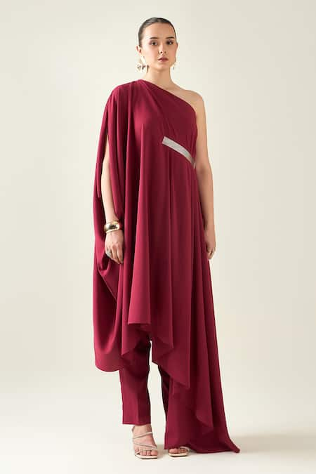 Aakaar Wine Moss Crepe Embellished Applique One Shoulder Draped Tunic And Pant Set 