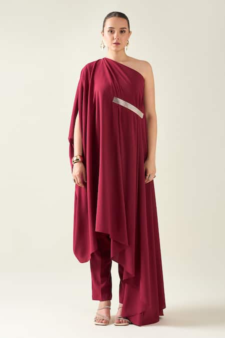 Aakaar Wine Modal Asymmetric One Shoulder Draped Tunic And Pant Set Online at Aza Fashions Aakaar_Wine Modal Asymmetric One Shoulder Draped Tunic And Pant Set _Online_at_Aza_Fashions