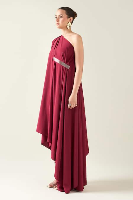 Buy Aakaar Wine Modal Asymmetric One Shoulder Draped Tunic And Pant Set Online at Aza Fashions Buy_Aakaar_Wine Modal Asymmetric One Shoulder Draped Tunic And Pant Set _Online_at_Aza_Fashions