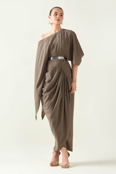 Aakaar One Shoulder Draped Dress With Belt 