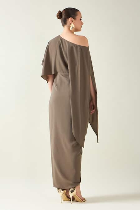 Aakaar One Shoulder Draped Dress With Belt 