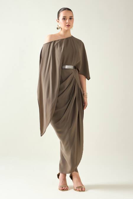 Buy Aakaar Green Modal Metallic Thread Asymmetric One Shoulder Draped Dress With Belt Online at Aza Fashions Buy_Aakaar_Green Modal Metallic Thread Asymmetric One Shoulder Draped Dress With Belt _Online_at_Aza_Fashions