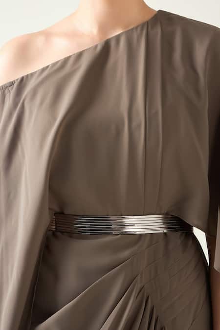 Shop Aakaar Green Modal Metallic Thread Asymmetric One Shoulder Draped Dress With Belt Online at Aza Fashions Shop_Aakaar_Green Modal Metallic Thread Asymmetric One Shoulder Draped Dress With Belt _Online_at_Aza_Fashions