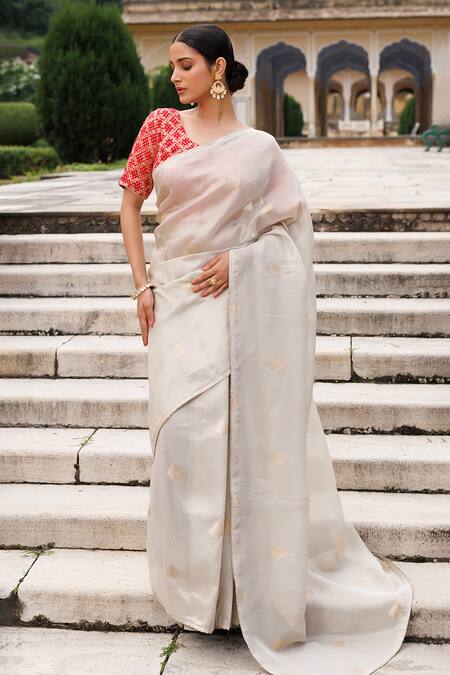 Geroo Jaipur Grey Tissue Zari Woven Saree With Unstitched Blouse Piece Online at Aza Fashions Geroo Jaipur_Grey Tissue Zari Woven Saree With Unstitched Blouse Piece_Online_at_Aza_Fashions