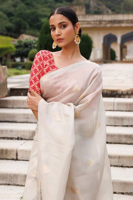 Shop Geroo Jaipur Grey Tissue Zari Woven Saree With Unstitched Blouse Piece Online at Aza Fashions Shop_Geroo Jaipur_Grey Tissue Zari Woven Saree With Unstitched Blouse Piece_Online_at_Aza_Fashions