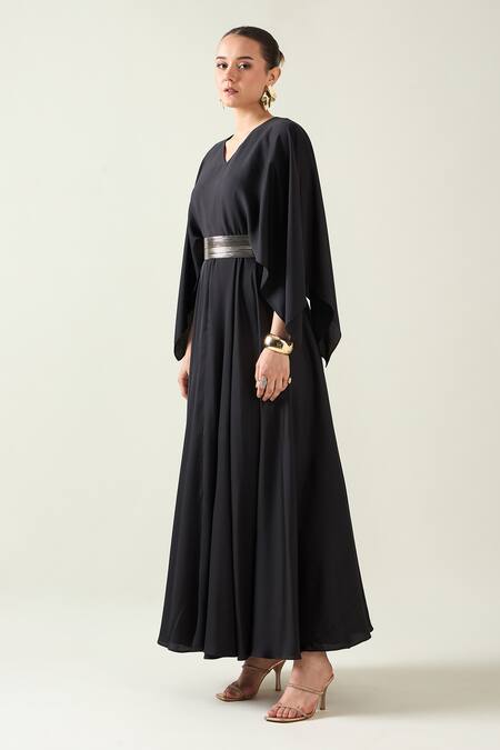 Aakaar Black Mohair Buckles V-neck V Dress With Metallic Belt Online at Aza Fashions Aakaar_Black Mohair Buckles V-neck V Dress With Metallic Belt _Online_at_Aza_Fashions