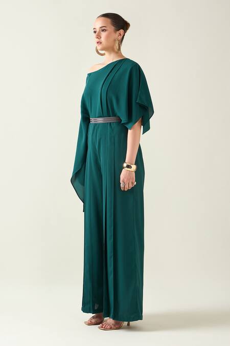 Aakaar Green Crepe One Shoulder Jumpsuit With Metallic Belt Online at Aza Fashions Aakaar_Green Crepe One Shoulder Jumpsuit With Metallic Belt _Online_at_Aza_Fashions