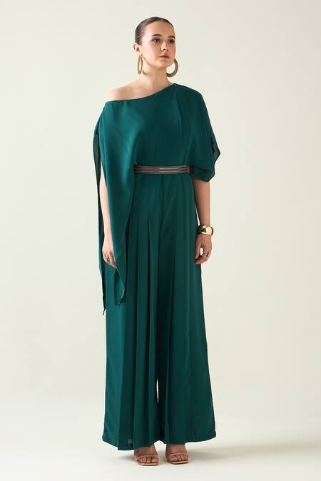 Buy Aakaar Green Crepe One Shoulder Jumpsuit With Metallic Belt Online at Aza Fashions Buy_Aakaar_Green Crepe One Shoulder Jumpsuit With Metallic Belt _Online_at_Aza_Fashions
