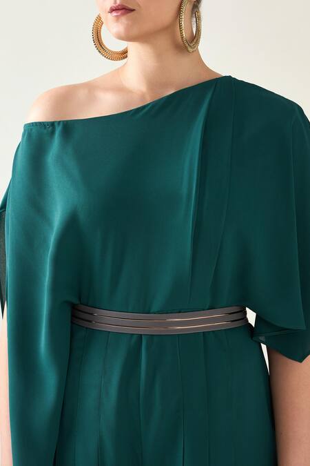 Shop Aakaar Green Crepe One Shoulder Jumpsuit With Metallic Belt Online at Aza Fashions Shop_Aakaar_Green Crepe One Shoulder Jumpsuit With Metallic Belt _Online_at_Aza_Fashions