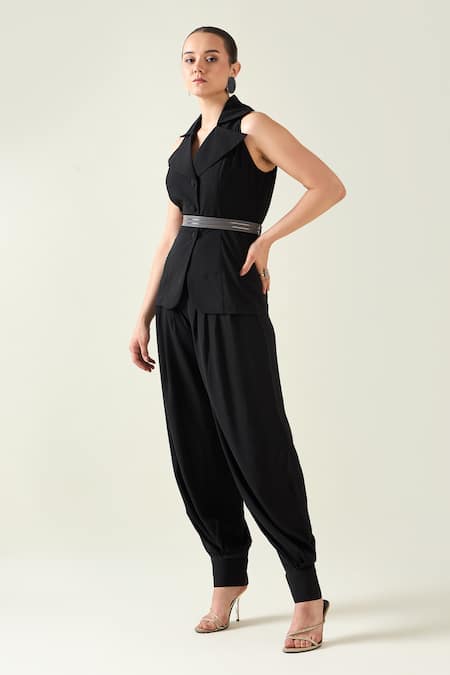 Aakaar Black Modal, Mohair Collared Sleeveless Waistcoat Pant Set Online at Aza Fashions Aakaar_Black Modal, Mohair Collared Sleeveless Waistcoat Pant Set _Online_at_Aza_Fashions