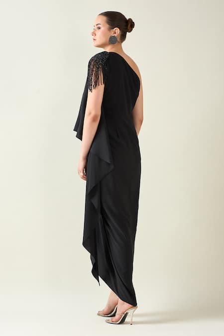 Shop Aakaar Black Modal Crystals Asymmetric Applique Placement Embroidered Dress at Aza Fashions Shop_Aakaar_Black Modal Crystals Asymmetric Applique Placement Embroidered Dress _at_Aza_Fashions