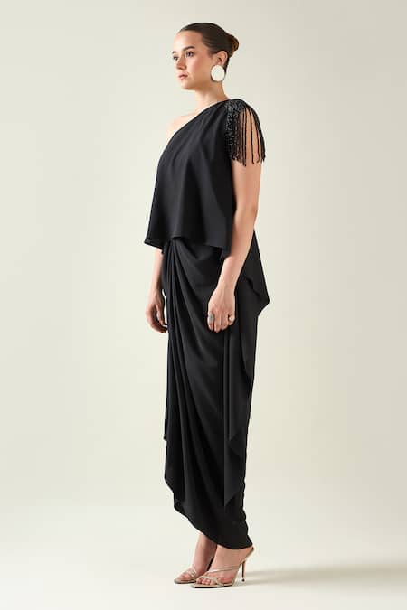 Aakaar Black Modal Crystals Asymmetric Applique Placement Embroidered Dress Online at Aza Fashions Aakaar_Black Modal Crystals Asymmetric Applique Placement Embroidered Dress _Online_at_Aza_Fashions