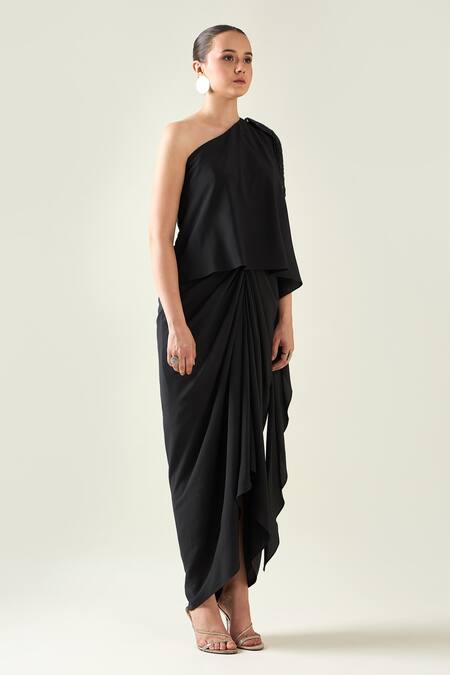 Buy Aakaar Black Modal Crystals Asymmetric Applique Placement Embroidered Dress Online at Aza Fashions Buy_Aakaar_Black Modal Crystals Asymmetric Applique Placement Embroidered Dress _Online_at_Aza_Fashions