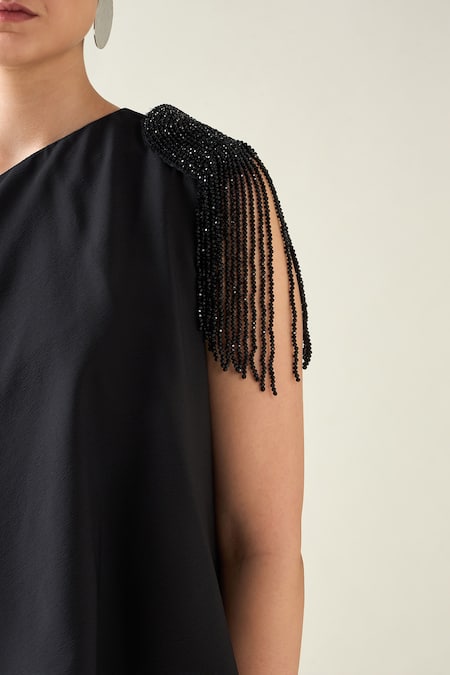 Shop Aakaar Black Modal Crystals Asymmetric Applique Placement Embroidered Dress Online at Aza Fashions Shop_Aakaar_Black Modal Crystals Asymmetric Applique Placement Embroidered Dress _Online_at_Aza_Fashions