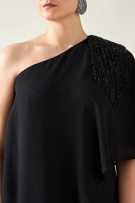 Buy_Aakaar_Black Crystals One Shoulder Applique Jumpsuit _Online_at_Aza_Fashions