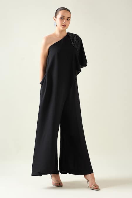 Shop_Aakaar_Black Crystals One Shoulder Applique Jumpsuit _Online_at_Aza_Fashions