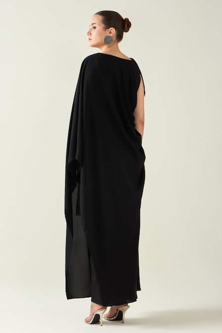 Shop Aakaar Black Modal Crystals Boat Neck Applique Embroidered Draped Dress at Aza Fashions Shop_Aakaar_Black Modal Crystals Boat Neck Applique Embroidered Draped Dress _at_Aza_Fashions