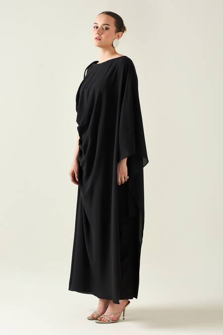 Aakaar Black Modal Crystals Boat Neck Applique Embroidered Draped Dress Online at Aza Fashions Aakaar_Black Modal Crystals Boat Neck Applique Embroidered Draped Dress _Online_at_Aza_Fashions