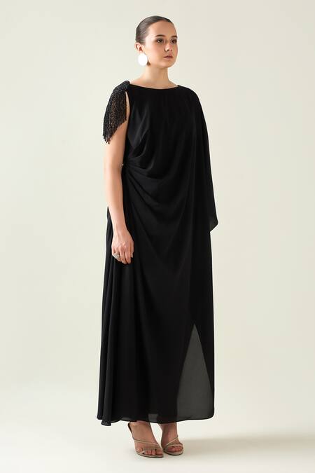 Buy Aakaar Black Modal Crystals Boat Neck Applique Embroidered Draped Dress Online at Aza Fashions Buy_Aakaar_Black Modal Crystals Boat Neck Applique Embroidered Draped Dress _Online_at_Aza_Fashions