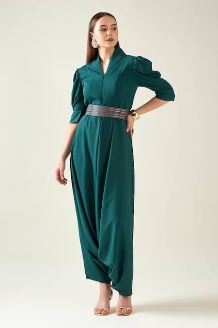 Aakaar Green Moss Crepe Shawl Collar Classic Alloy Draped Jumpsuit With Metallic Belt 