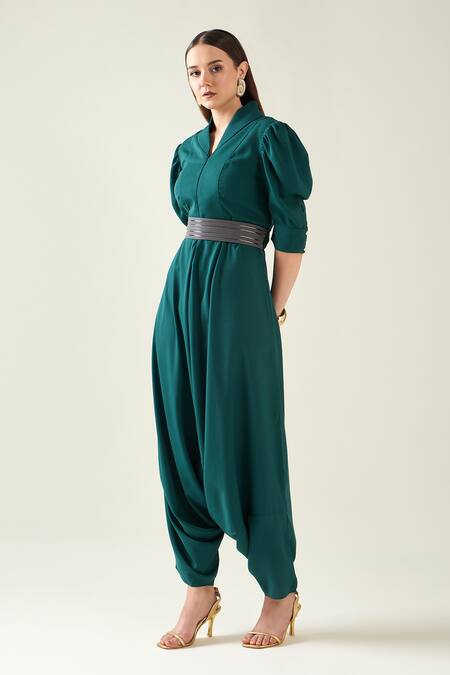 Aakaar_Green Crepe Chains Shawl Neck Classic Alloy Draped Jumpsuit With Metallic Belt _Online_at_Aza_Fashions