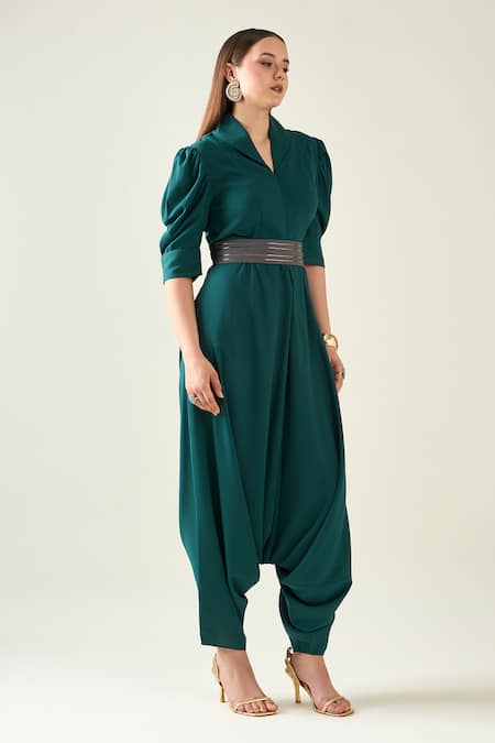 Buy_Aakaar_Green Crepe Chains Shawl Neck Classic Alloy Draped Jumpsuit With Metallic Belt _Online_at_Aza_Fashions