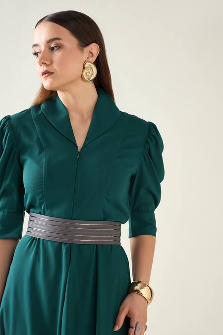 Shop_Aakaar_Green Crepe Chains Shawl Neck Classic Alloy Draped Jumpsuit With Metallic Belt _Online_at_Aza_Fashions