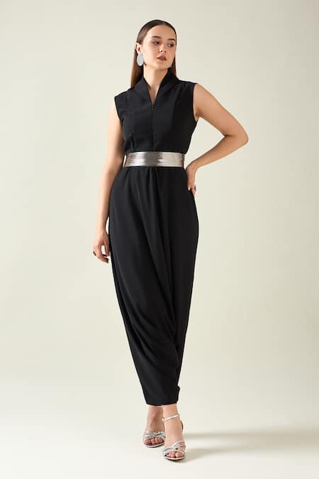 Aakaar Black Moss Crepe Shawl Solid Alloy Woven Draped Jumpsuit With Metallic Belt 