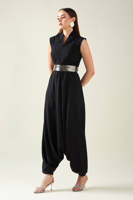 Aakaar_Black Modal Buckles Shawl Solid Alloy Woven Draped Jumpsuit With Metallic Belt _Online_at_Aza_Fashions