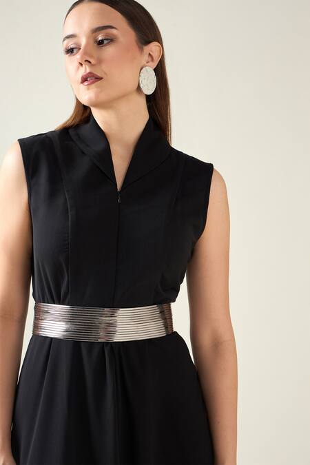 Buy_Aakaar_Black Modal Buckles Shawl Solid Alloy Woven Draped Jumpsuit With Metallic Belt _Online_at_Aza_Fashions