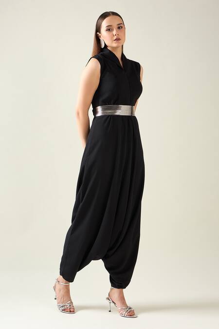 Shop_Aakaar_Black Modal Buckles Shawl Solid Alloy Woven Draped Jumpsuit With Metallic Belt _Online_at_Aza_Fashions