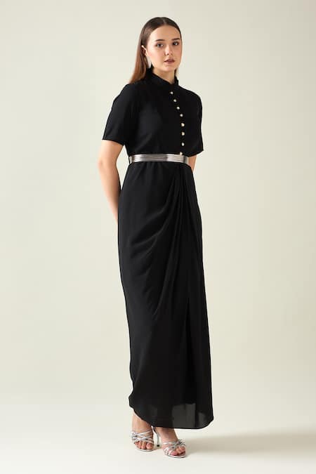 Aakaar_Black Modal Collared Classic Alloy Draped Shirt Dress With Metallic Belt _Online_at_Aza_Fashions