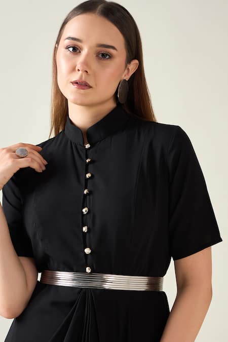 Buy_Aakaar_Black Modal Collared Classic Alloy Draped Shirt Dress With Metallic Belt _Online_at_Aza_Fashions