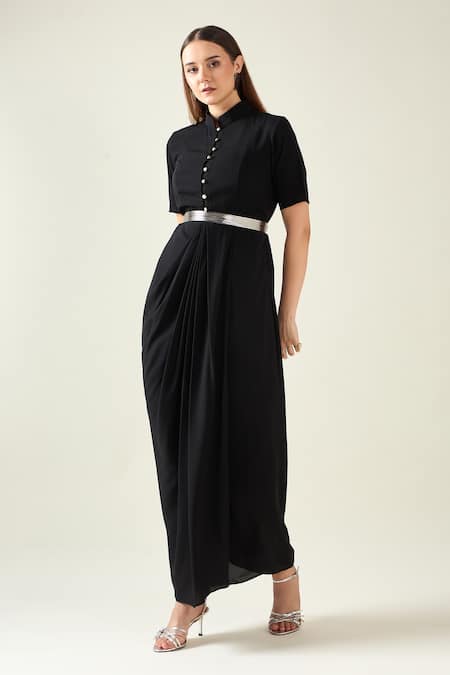Shop_Aakaar_Black Modal Collared Classic Alloy Draped Shirt Dress With Metallic Belt _Online_at_Aza_Fashions