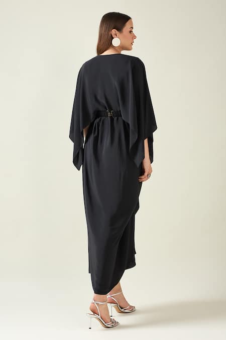 Aakaar Coral Solid Draped Dress With Metallic Belt 