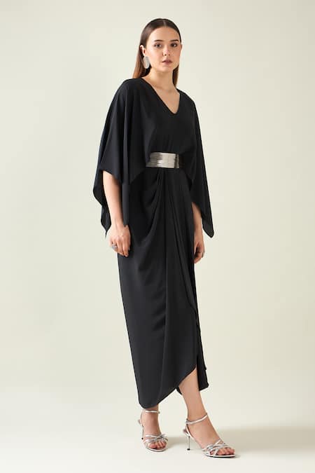 Aakaar Black Modal V-neck Coral Solid Draped Dress With Metallic Belt Online at Aza Fashions Aakaar_Black Modal V-neck Coral Solid Draped Dress With Metallic Belt _Online_at_Aza_Fashions